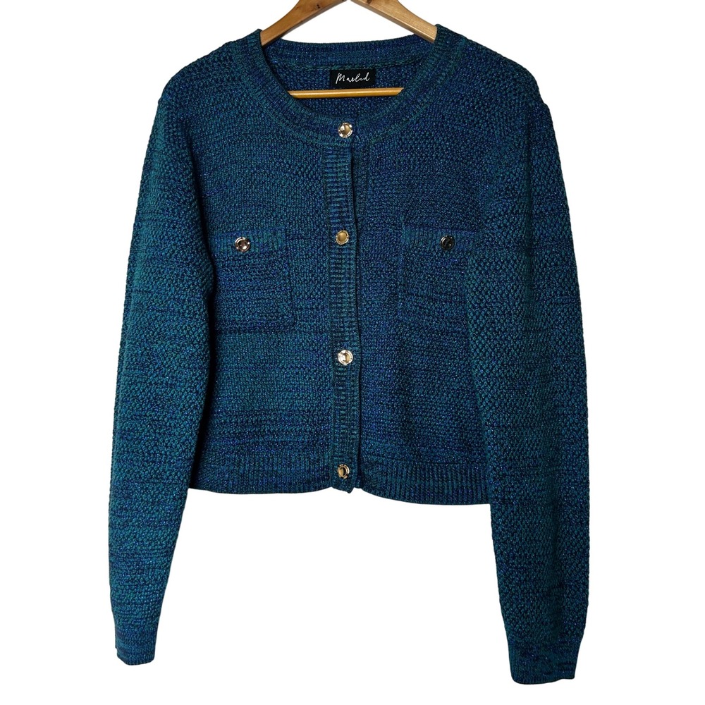 Marled Knit Cardigan Size L Sweater Womens Gold Button Front Blue Green Metallic